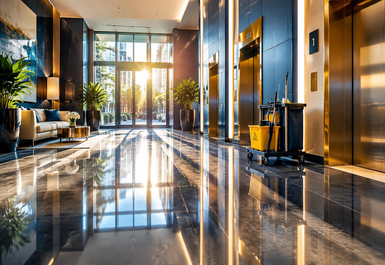 Hall d'immeuble locatif impeccable avec chariot d'entretien — M.L Excellence